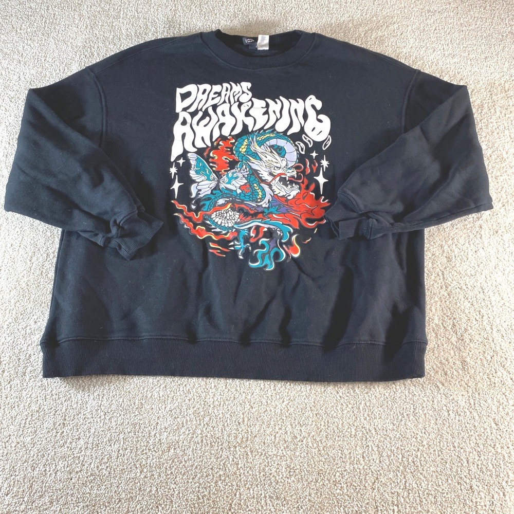 H&M‎ Divided Sweatshirt Mens XL Black Dreams Awakening Dragon Graphic